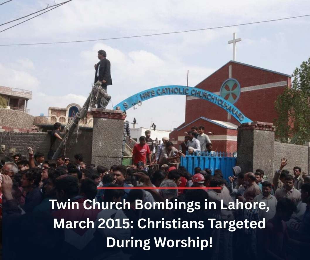Aftermath of twin church bombings in Lahore, March 2015, showing destroyed churches and damaged property targeting Christian communities